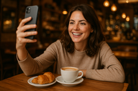 eine frau bei einem selfie beim cafe